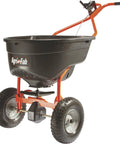 Push Broadcast Spreader 130 Lb Hopper Capacity Easy To Use Direct Rod Control 10 To 12 Ft Spread Width 13 Inch Pneumatic Tires