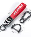 Slick Genuine Leather Car Key Chain Ring Compatible With Dodge Ram 1500 2500 3500 featuring red strap and zinc alloy clasp.