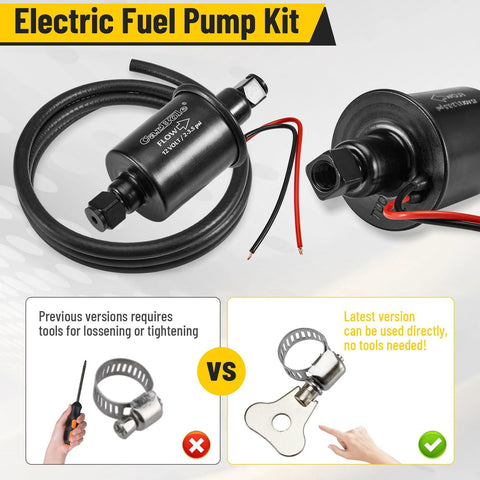 12V Low Pressure Fuel Pump Kit With 6.56 Ft Fuel Line And Dual Filters, showing connectors and mounting hardware, easy installation