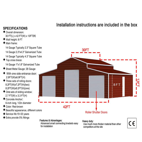 Heavy Duty Metal Garage Crafted From 14 Gauge Galvanized Steel And Three Rolling Barn Doors To Stack Your Wheels And Farm Gear While Crushing Rain Featuring Reinforced Frame Side Entrance And Rock Solid 13 Foot Outdoor Shelter Cover installation diagram showing dimensions and details.