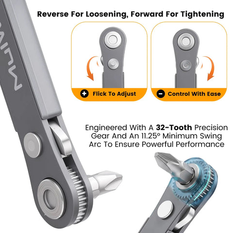 Ultra Low Profile Quarter Inch Mini Ratchet Wrench Set For Close Quarters Screwdriver with 32-tooth precision gear detail