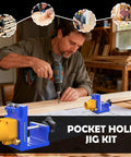 Man using pocket hole drill guide kit for woodworking with dust collection, shown with jig and drill on wooden board.