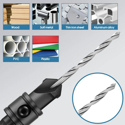 5Pc Countersink And Counterbore Drill Bit Set For 5 To 12 Screws, M2 Pilot Bits, showcasing materials: wood, metal, PVC, plastic.