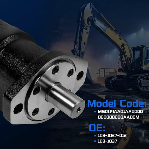 Beast Hydraulic Motor 103-1037 Replacement for Eaton Char-Lynn S Series With 11.4 Cu In Per Rev Displacement and 304 RPM High Torque Low Speed Orbital Powerhouse for Construction, Agriculture, and Mining close-up on excavator backdrop