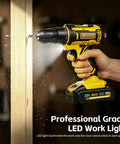 Image of the 20 Volt Cordless Drill And Driver Combo Pack With Long Lasting Battery And Quick Charge Adapter in use, showing LED light illuminating work area.