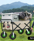 Smooth Operator Heavy Duty Pneumatic Casters 10 Inch Air Tire Wheels on a cart carrying outdoor gear in the field.