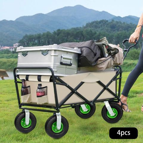 Smooth Operator Heavy Duty Pneumatic Casters 10 Inch Air Tire Wheels on a cart carrying outdoor gear in the field.
