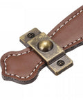 Close-up of a brown leather drawer pull with aluminum alloy construction and rust resistant finish, part of Leather Drawer Pulls Set of 2