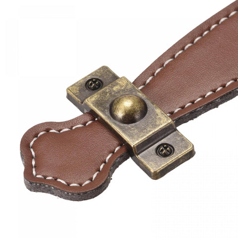 Close-up of a brown leather drawer pull with aluminum alloy construction and rust resistant finish, part of Leather Drawer Pulls Set of 2