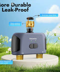 Two Zone WiFi Water Timer For Garden Hose With Brass Inlet And Outlet Remote App Control Through Smart Life Gateway Alexa Voice Control Rain Delay And Manual Mode 2.4Ghz WiFi Compatible shown with stainless steel filter and brass threads, on a garden background.