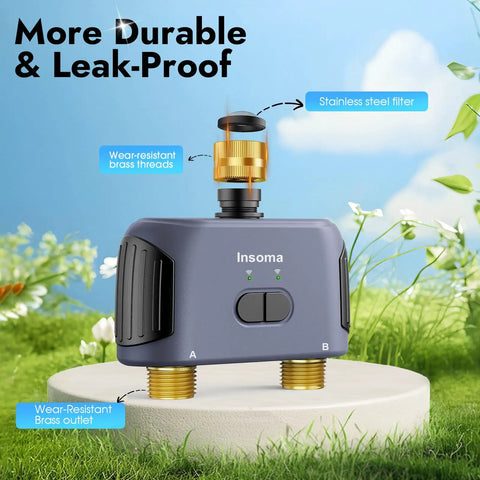 Two Zone WiFi Water Timer For Garden Hose With Brass Inlet And Outlet Remote App Control Through Smart Life Gateway Alexa Voice Control Rain Delay And Manual Mode 2.4Ghz WiFi Compatible shown with stainless steel filter and brass threads, on a garden background.