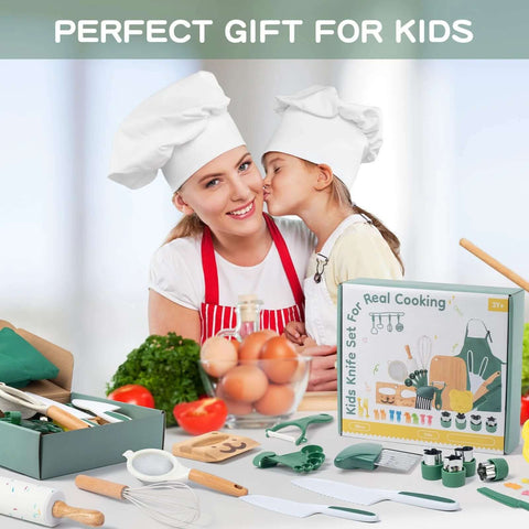Toy 20-piece kids knife set, safe plastic kitchen tools, Amazon brand, front view with box