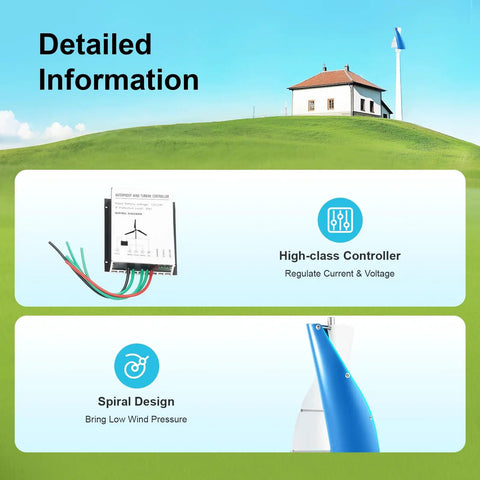 Detailed info on Two Blade 100W 12V Vertical Axis Wind Turbine with controller and blue spiral design blade on a green hill.