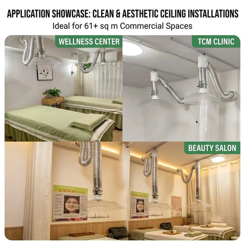 Commercial 130W Ceiling Fume Extractor With Silent 22dB Centrifugal Fan For Spas Clinics And Moxibustion Rooms True Workhorse Smoke Exhaust Ventilation System That Clears The Room And Keeps Your Space Crystal Clear Zero Hustle installation in wellness center, TCM clinic, and beauty salon, showing clean ceiling setup.