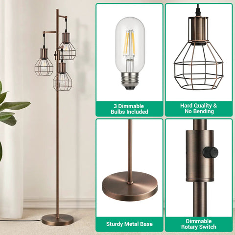Industrial Dimmable Floor Lamp With 3 LED Bulbs Included, Rustic Tree Style Standing Lamp For Living Room Bedroom And Office, 65 Inch Tall, Stepless Dimmer Rotary Switch, Farmhouse Brown Vibe