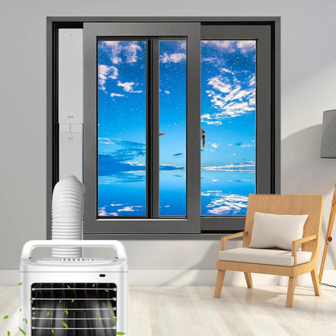 Universal Portable AC Window Vent Kit With 59 Inch Exhaust Hose installed in vertical sliding window.