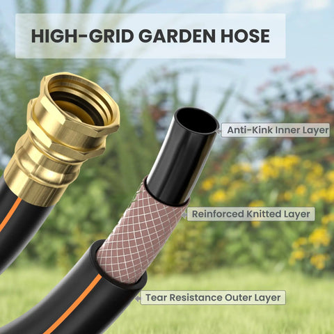 Cross-section of retractable garden hose, showing anti-kink, reinforced layers, part of 100 ft heavy duty wall mount reel.