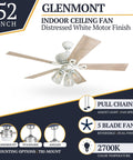 52 Inch Farmhouse LED Ceiling Fan With Light, Pull Chain, Three Mounting Options, Reversible Motor, Dual Finish Distressed White