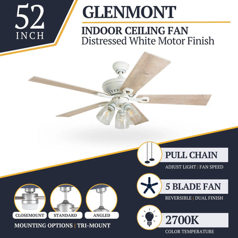 52 Inch Farmhouse LED Ceiling Fan With Light, Pull Chain, Three Mounting Options, Reversible Motor, Dual Finish Distressed White