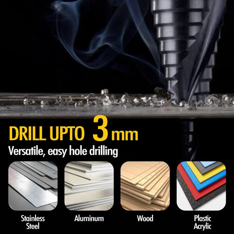 Four Spiral Flute Cobalt Step Drill Bit For Metal And Plastic, Twelve Step Unibit From Three Sixteenth To Seven Eighths Inch in use on metal