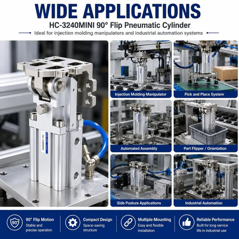 Heavy Duty 90 Degree Flip Pneumatic Cylinder Rotary Actuator For Injection Molding Manipulators And Automated Pick And Place Systems, HC-3240MINI in use.