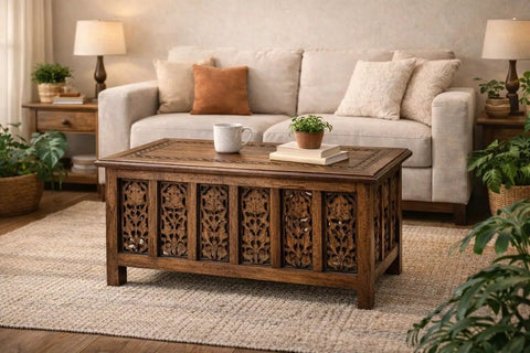 Solid Mango Wood Hand Carved Coffee Table 36x18 Inch With Vintage Burnt Finish, Modern Center Table For Living Room And Entryway, Ideal For Magazines Books And Plants, Durable Farmhouse Style