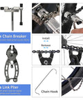 10 Piece Bike Repair Tool Kit for Mountain Biking Pro Grade Cycling Maintenance Set showing chain breaker and link plier in use.
