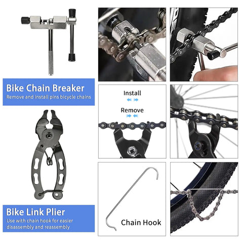 10 Piece Bike Repair Tool Kit for Mountain Biking Pro Grade Cycling Maintenance Set showing chain breaker and link plier in use.