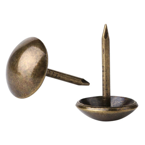 Bronze Upholstery Tacks 100 Pack Decorative Nail Heads For Furniture, Antique Brass Finish, close-up of two tacks showing needlepoint