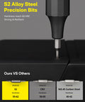 Close-up of S2 alloy steel precision bit from Compact 24 In 1 Mini Screwdriver Set with hardness comparison chart.