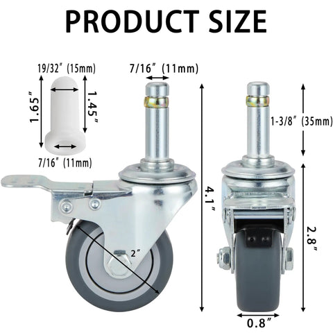 Set Of 4 Beefy 2 Inch Stem Caster Wheels Heavy Duty Swivel Locking Casters with 7/16 Inch Stem dimensions shown