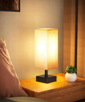 Small Table Lamp For Bedroom And Nightstand With Square Fabric Shade, Minimalist Night Stand Light on wooden bedside table