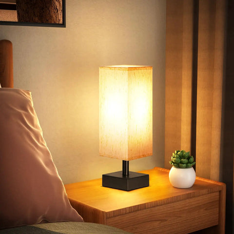 Small Table Lamp For Bedroom And Nightstand With Square Fabric Shade, Minimalist Night Stand Light on wooden bedside table
