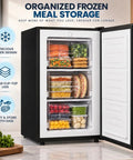 Kickin Compact 3.2 Cubic Foot Upright Freezer Solid Black Design with organized 3-tier meal storage and clear lids.