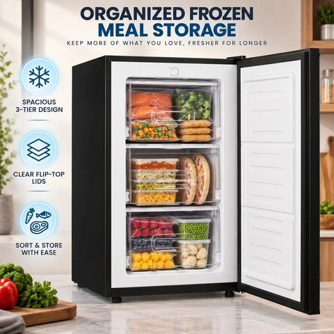 Kickin Compact 3.2 Cubic Foot Upright Freezer Solid Black Design with organized 3-tier meal storage and clear lids.