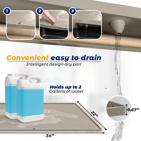 Under Sink Mat 34x22 Silicone Taupe Waterproof Flexible Rectangular With Drain Hole For Kitchen And Bathroom Fits 36 Inch Cabinets