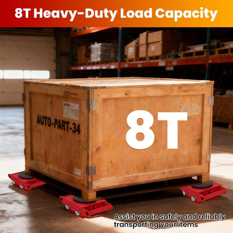 Heavy Duty Machine Skates 4-Pack Move Massive Loads With Ease. 8-Ton Carbon Steel Dolly Set under a wooden crate in a warehouse.