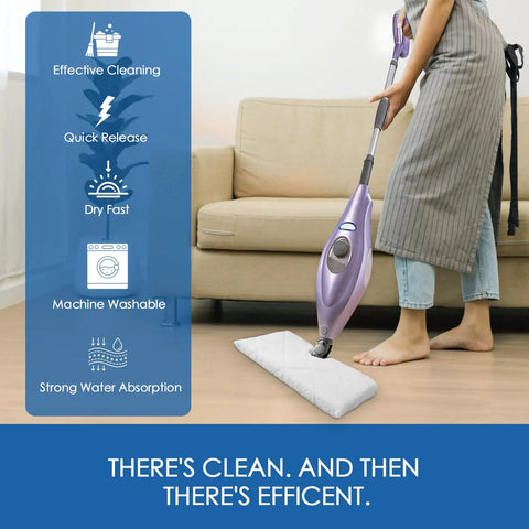 Replacement Steam Mop Pads For Shark Vacmop And Steam Pocket Mops in use with features listed on the screen, woman cleaning floor