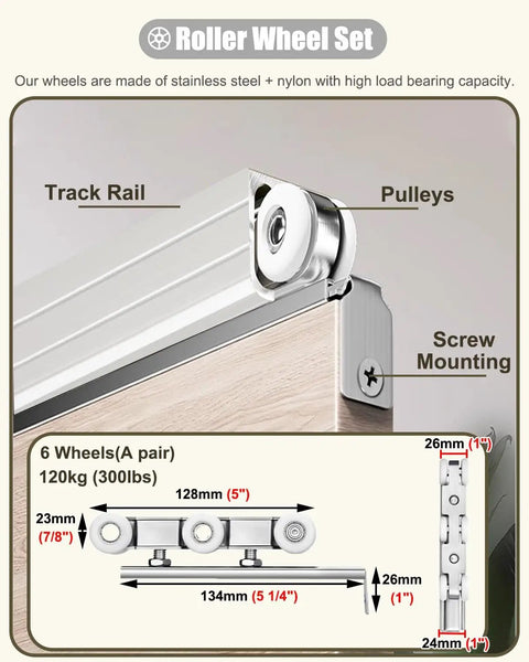 Upgrade Your Setup With This Heavy Duty Sliding Door Hardware Kit Featuring A Super Smooth Six Wheel Barn Track Top Hung Rail For Bedrooms Sheds And Garages Rolling Like Butter Handles 300 Pounds No Sweat Install Silver Aluminum roller wheel set diagram with six stainless steel wheels and track rail for sliding doors