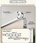 Slick Heavy Duty Sliding Barn Door Hardware Kit With Top Hung Rolling Track Six Rock Solid Steel Pulleys Seven Point Two Foot Aluminum Rail components showing roller wheel set, stainless steel and nylon materials, and dimensions.