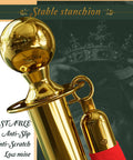 Gold Stanchions With Red Velvet Ropes, close-up of gold pole with anti-scratch finish, used for crowd control at events.