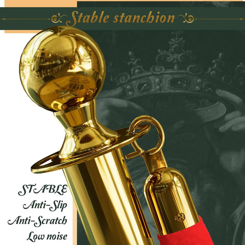 Gold Stanchions With Red Velvet Ropes, close-up of gold pole with anti-scratch finish, used for crowd control at events.
