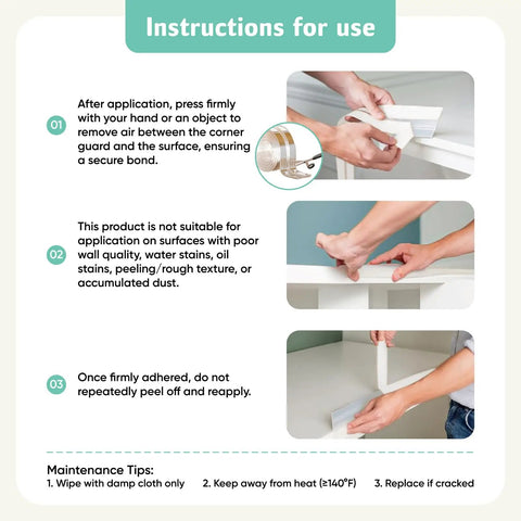 Instructions for Baby Furniture Edge Protector Crib Rail Teething Guard use, showing secure application steps and maintenance tips.