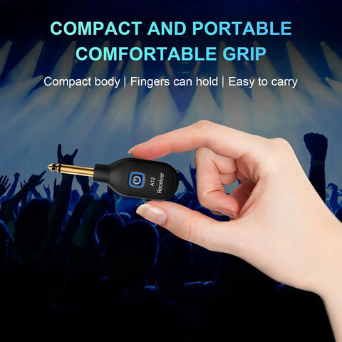 Hand holding 2.4GHz Wireless Guitar Transmitter, compact size for easy carry, Live Performance and Rehearsals use.