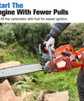 Person holding an orange chainsaw with trees in the background, focusing on using Four Pack 188-512 Primer Bulbs for easier ignition.