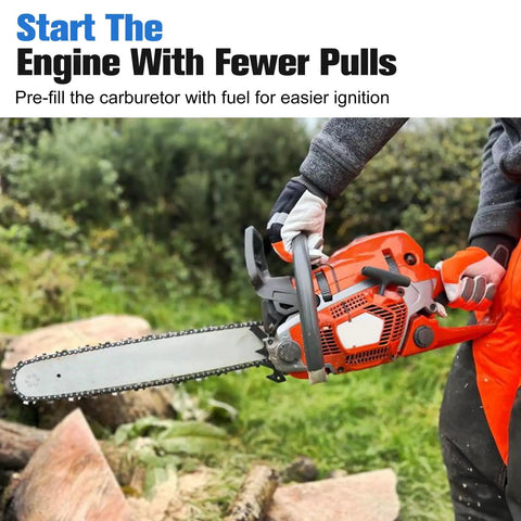 Person holding an orange chainsaw with trees in the background, focusing on using Four Pack 188-512 Primer Bulbs for easier ignition.