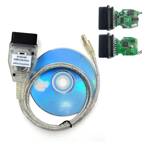 INPA K DCAN USB OBD2 Interface Switch For BMW Car Diagnostics And Coding Tools Dope Plug And Play Windows Ready EDIABAS NCS Expert Compatible Cable For OBDII BMWs With Switch showing USB cable, CD, and internal circuit.