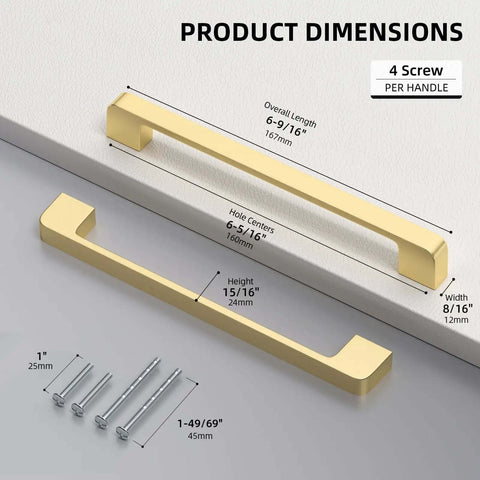 Top Shelf Brushed Gold Cabinet Pulls With 160 Millimeter Spacing Featuring Rock Solid Zinc Alloy Build And A Knockout Slick Finish Ideal For Kitchen Drawers Bathroom Cabinets Or Furniture Flip Ups Set Of Five dimensions illustration with measurements and screws