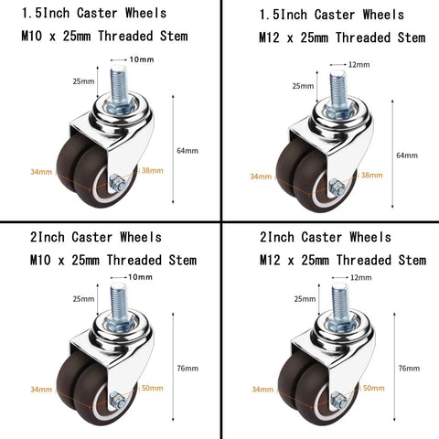 Swap Old Office Chair Wheels With This Set Of Five Slick Dual Wheel Casters That Roll Smooth And Silent On Wood Or Carpet Featuring Secure Threaded Stems For Easy Swapping. 1.5-inch and 2-inch castor wheels with M10 and M12 threaded stems.
