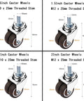 Heavy Duty Rubber Swivel Caster Wheels Set Of Five Silent Furniture Casters With M10 And M12 Threaded Stems 1.5 Inch and 2 Inch options shown